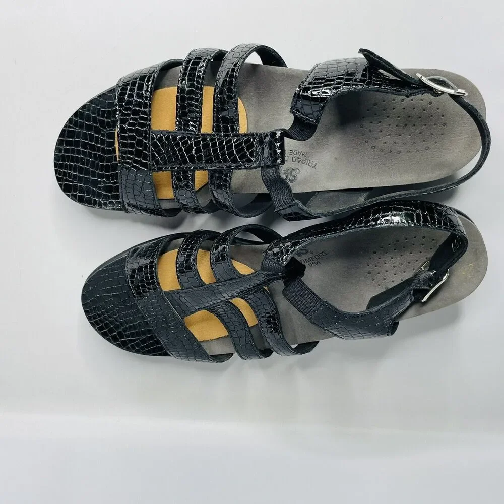 SAS Tripad Allegro Black Patent Leather Croc Snake‎ Print Heel Sandals Sz 10 N
